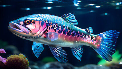 Fototapeta premium A vibrant, adult trout with a brownish-red back, yellow belly, and distinctive black spots, swimming in a crystal-clear mountain stream with subtle water ripples, surrounding rocks. 