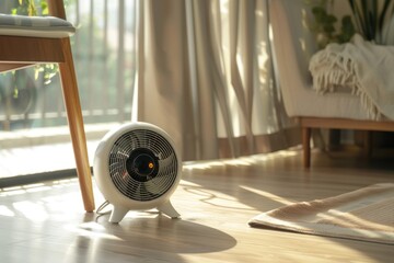 Modern electric fan heater on the floor in the room, space for text. Portable heater