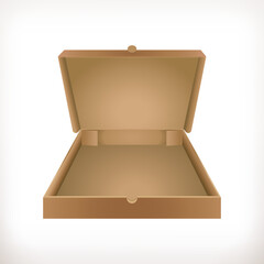 Realistic vector illustration of an open brown corton pizza box with open lid on a white background.Suitable for food delivery and storage.Takeaway concept,eco-friendly packaging.