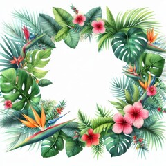 Vibrant tropical floral frame with lush green leaves and colorful blooms.