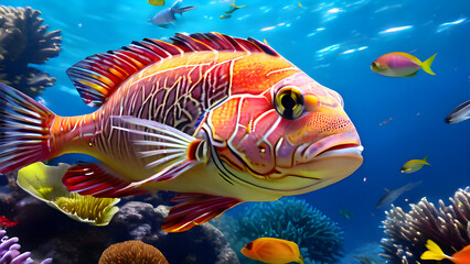 Fototapeta premium A vibrant, adult snapper with a pinkish-red back, white belly, and distinctive yellow fins, swimming in a coral reef with subtle water ripples, surrounding sea anemones. 