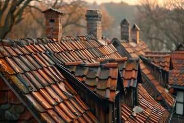 Naklejka premium The roof of the house is made of red tiles against the sky.