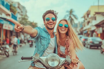 Happy Couple Riding a Scooter in a City