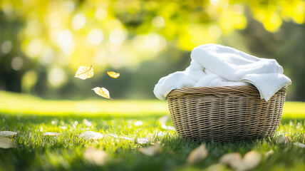 A wicker basket filled with freshly washed white cotton towels placed on a green lawn, with leaves subtly drifting in the background, highlighting natural laundry care. Ai generated