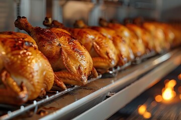 Roasted chicken in a row turning at industrial roaster