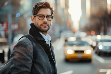 Fototapeta premium Serious male manager dressed in elegant trendy wear and eyeglasses spending time outdoors, handsome businessman