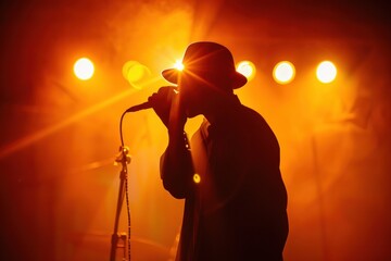 Silhouette of a musician with a hat singing into a microphone on stage, illuminated by vibrant orange