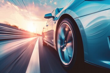 Speeding car with natural energy technology. Low angle side view of car driving fast on motion blur