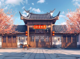 Fototapeta premium A traditional Asian building adorned with cherry blossoms and red lanterns, with a horse standing nearby. The scene exudes a serene and cultural ambiance, blending nature and architecture beautifully.