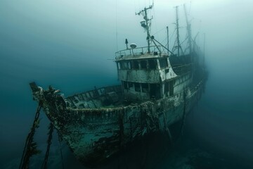 sunken fishing ship underwater on the ocean floor