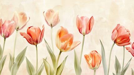 Watercolor tulips with gradient washes, seamless transitions in delicate hues, light beige background