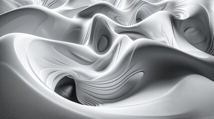 3d render of monochrome abstract art surreal 3d background with parts of sculpture in curve wavy smooth and soft bio forms in matte aluminum metal ai generated