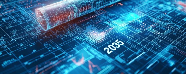 Futuristic background with digital blueprints and 2035 numbers