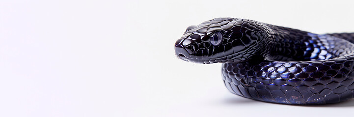 Naklejka premium Gorgeous black snake on a white background, copy space, banner