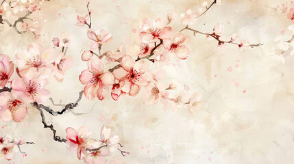 Watercolor vintage cherry blossom patterns in wet-on-wet style, soft pastel blending, light beige Background
