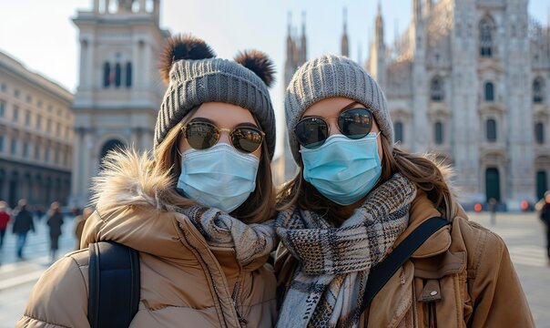 Tourists, wearing face masks, take a selfie in front of the Duomo in Milan, Italy, combining tourism and COVID-19 precautions.