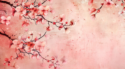 Watercolor vintage cherry blossom patterns using layering (glazing), creating depth with rich hues, textured paper background
