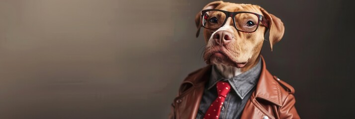 Obraz premium Stylish dog wearing funky fashion outfit with jacket and glasses. Free copy space for text.