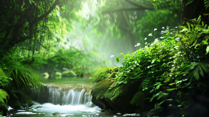 Fototapeta premium Peaceful River Flowing Through a Dense Green Forest