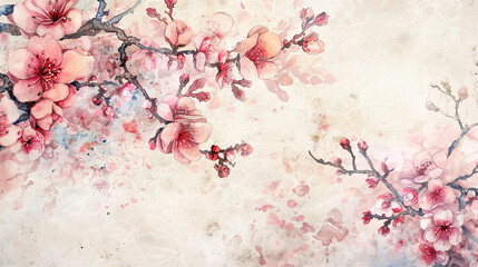 Watercolor vintage cherry blossom patterns with ink and wash combination, intricate and colorful, light background