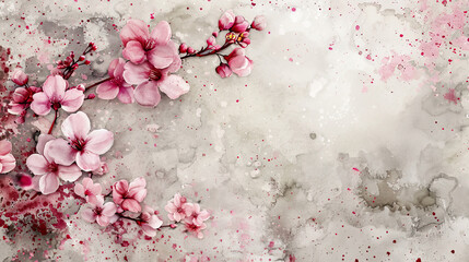 Watercolor vintage cherry blossom patterns with splattering, subtle and artistic, light gray background