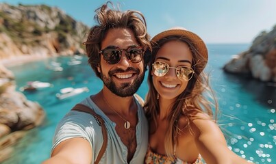 Fototapeta premium A couple takes a selfie while enjoying their vacation.