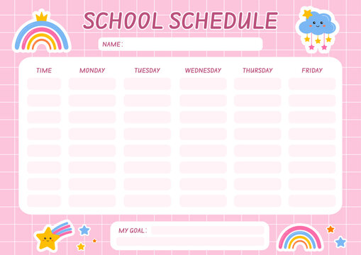 School schedule for kids. Template school timetable for preschool, kindergarten. Timetable for elementary school. Weekly planner template for kids. Back to school planner. Education lessons plan.