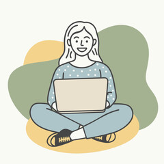 Young smiling woman Jane sitting with crossed legs, holding laptop. Freelance, studying, online education, work at home, work concept