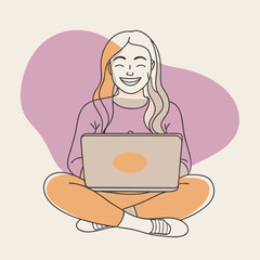 Young smiling woman Jane sitting with crossed legs, holding laptop. Freelance, studying, online education, work at home, work concept