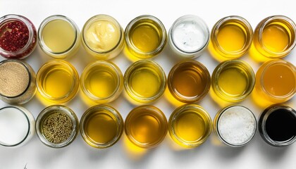 Various type of food oils on glass jar or bottle isolated on white background for mockup design. Healthy organic food oil