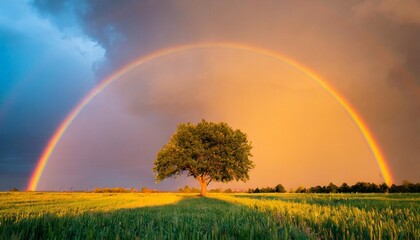 Summer landscape with wheat field, road and lonely tree, thunderstorm with rain on background
