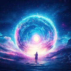 Fototapeta premium A person conversing with a sentient, glowing orb, representing wisdom and enlightenment