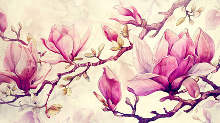 Watercolor vintage magnolia patterns with ink and wash combination, intricate details with bold colors, light background
