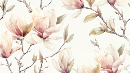Watercolor vintage magnolia patterns with soft blending, airy and gentle, white background
