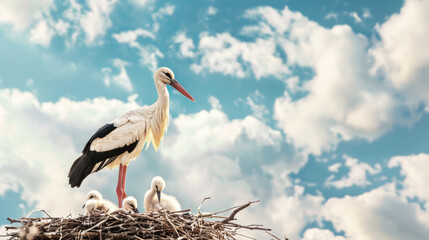 Stork standing on a nest with three baby storks under a blue sky with clouds. The adult stork appears protective and watchful over its chicks