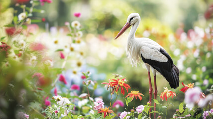 Fototapeta premium Stork standing gracefully among vibrant flowers in a garden. The bird's white feathers contrast beautifully with the colorful blooms