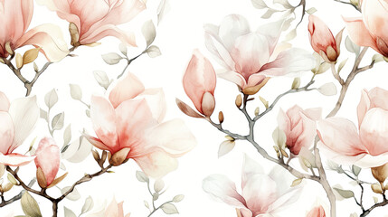 Watercolor vintage magnolia patterns with soft blending, gentle transitions, light and airy, white background