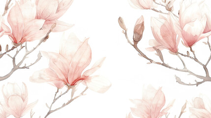 Watercolor vintage magnolia patterns with soft blending, gentle transitions, light and airy, white background