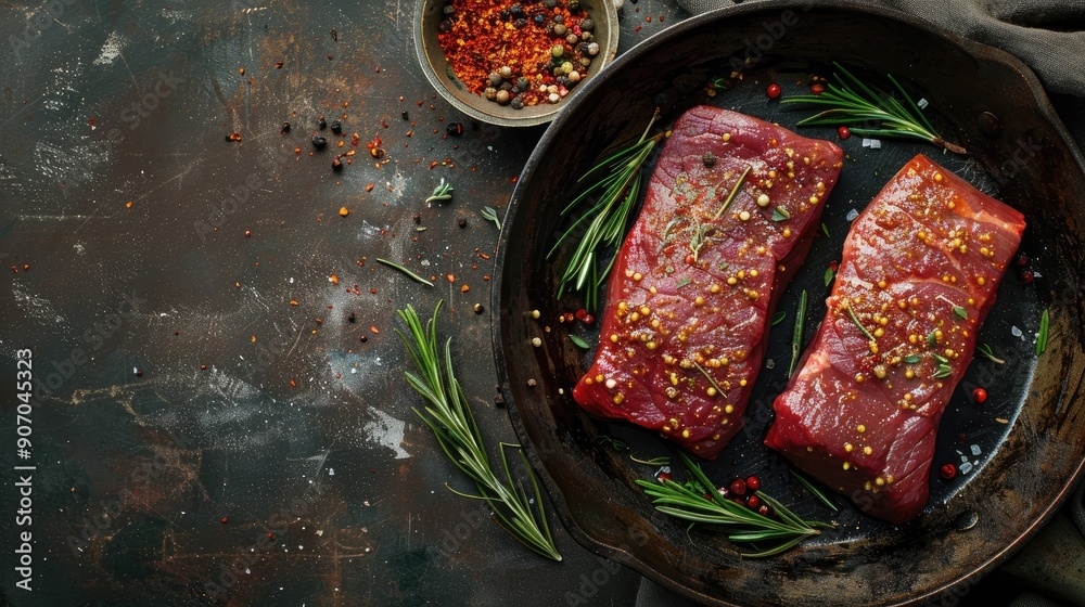 Canvas Prints Raw steak fillet with seasonings in a pan on rustic metal background ready for roasting