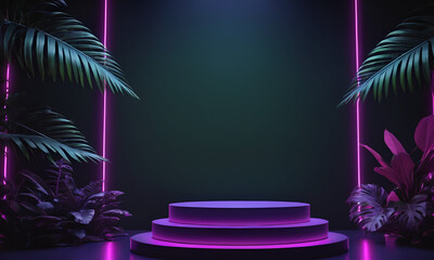 Obraz premium Dark purple products podium with exotic plants background and neon lighting, Mockup for branding, packaging