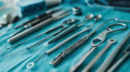 Assorted dental tools neatly arranged on blue sterile cloth ready for use. The instruments include mirrors, probes and scissors highlighting precision and variety needed for dental procedures