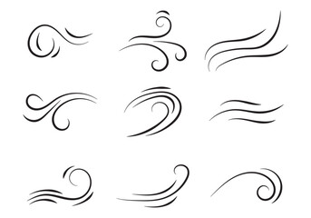 Doodle wind line sketch set. Hand drawn doodle wind motion, air blow, swirl elements. Sketch drawn air blow motion, smoke flow art, abstract line. Isolated on white background . vector illustration.
