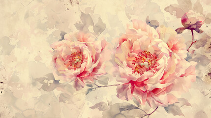 Watercolor vintage peony patterns in loose and freeform style, pastel shades, aged paper texture