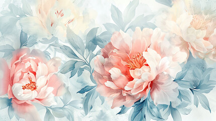 Watercolor vintage peony patterns in loose and freeform style, soft muted colors, white background
