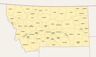 Fototapeta premium Montana, U.S. state, subdivided into 56 counties, political map with borders and county names. State in the Mountain West region of the United States, nicknamed Big Sky Country, and Treasure State.