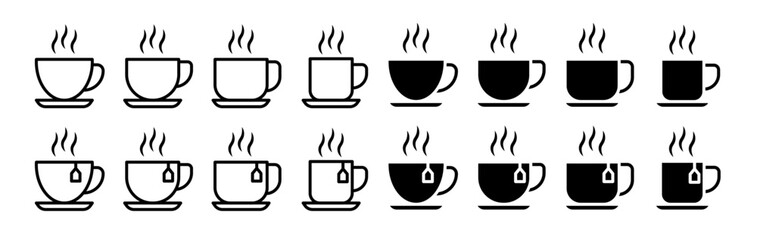 Hot coffee cup vector icon set. hot tea beverage mug symbol.