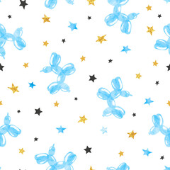 Blue balloon dogs seamless pattern. Cute watercolor print with balloons and stars. Birthday party vector illustration © Afanasia