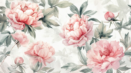 Watercolor vintage peony patterns with feathering, smooth and delicate edges, light background