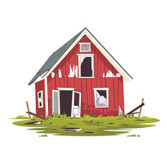 Red barn abandoned dilapidated rural. Broken windows, doors falling off hinges, weathered facade. Farmhouse needs repair, neglected agricultural building © Vectorvstocker