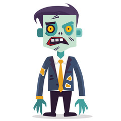 Cartoon zombie businessman standing, looking tired disheveled. Zombie business attire has green skin, wears torn suit tie. Undead corporate character appears exhausted ragged